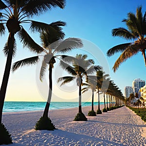 Colorful beach view of Miami South Beach Ocean Drive, Palm trees and colorful beach view of Miami South Beach Ocean Drive,