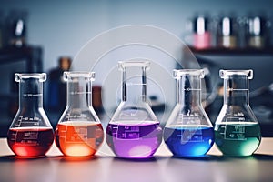 Colorful beakers filled chemical. Generate Ai