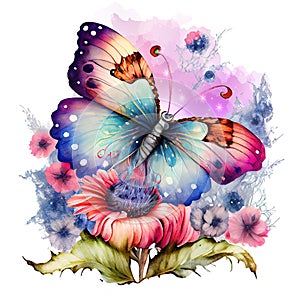Colorful Beautiful Butterfly with a florals, Watercolor style isolated on white background.