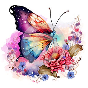 Colorful Beautiful Butterfly with a florals, Watercolor style isolated on white background.