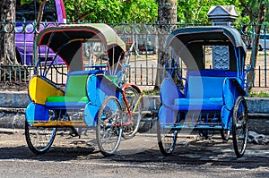 Colorful becak, typical local transport in Solo, Indonesia