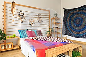 Colorful bedroom in ethnic style