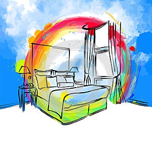 Colorful bedroom hotel drawing concept