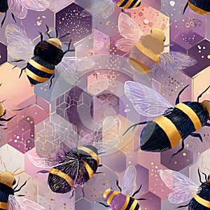 Colorful Bees in Hexagon Pattern with Soft Pastel Background
