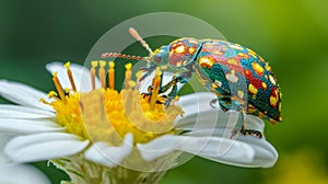 A colorful beetlelike dinosaur balances on the edge of a delicate white flower its small body covered in yellow pollen