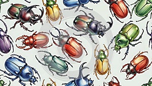 Colorful Beetles Pattern on White Background