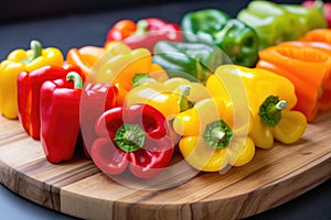 colorful bell peppers cut in half on a wooden chopping board