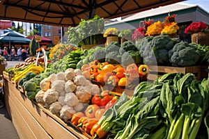 Colorful bell peppers and zucchini at farmers market in summer, A bustling farmer\'s market with vibrant, fresh produce and