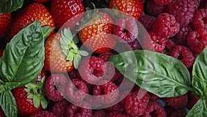 Colorful berries rotation background. green leaves, Strawberry, Raspberry, close-up rotating backdrop. Bio Fruits
