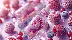 Colorful Berry-Infused Liquid Bottles Surrounded by Fresh Raspberries and Blueberries on a White Surface photo