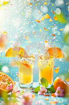 Colorful Beverage with Spring Flowers and Confetti