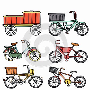 Colorful bicycles cargo bikes collection different types transport. Kids adult bicycles carts