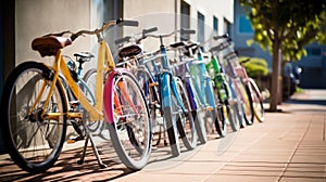 Colorful Bicycles Parked in a Row on Urban Sidewalk. Generative ai