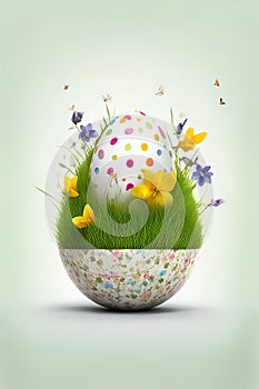 Colorful big easter egg on green grass with spring flowers