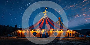 Colorful big top tent glows under night sky creating magical atmosphere. Concept Night Photography, Tent Lighting, Magical
