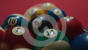 Colorful billiard balls close up before game start