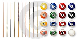 Colorful billiard balls with numbers and various pool cues. Glossy snooker ball. Sports equipment. Vector illustration.