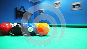 Colorful billiard balls on pool table. Billiards pool game. Billiard table