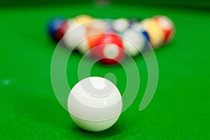 Colorful Billiard and snooker ball pool game at blue table, Relaxation sport and Happiness Concept