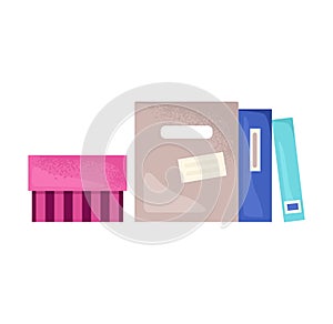 Colorful binders folders standing upright. Office supplies organization document storage vector