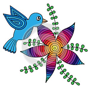 Colorful Bird and abstract flower with leaves