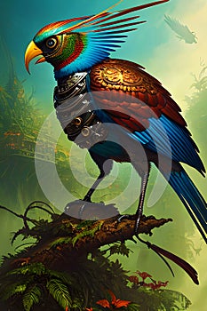 A colorful bird cyborg in jungle generated by ai