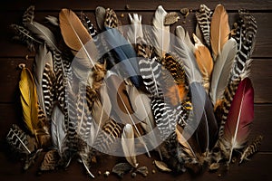 Colorful bird feathers background, many feathers of birds of different species, close-up,