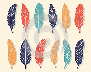 Colorful bird feathers set icon. Feather silhouette. Plumelet flat collection. Vintage pen for calligraphy. Vector