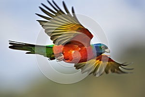 colorful bird in flight, its wingspan visible against the sky