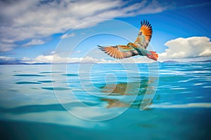 colorful bird flying over peaceful ocean