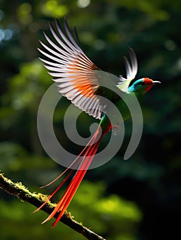 Colorful bird with its wings outspread on a branch