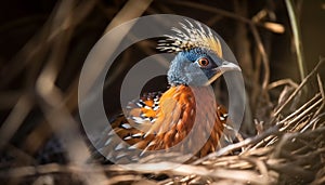 Colorful bird perched on branch, eyeing the camera in focus generated by AI