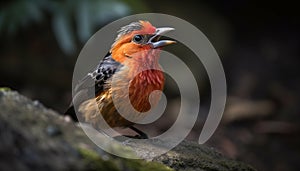 Colorful bird perched on branch, gazing at camera in forest generated by AI