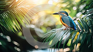 Colorful bird perched on palm leaf in jungle