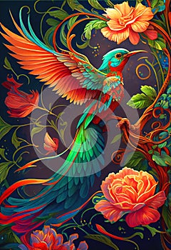 Colorful bird rainbow colors painting Mucha style