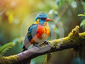 colorful bird sits on a branch in the forest. beautiful colorful Bird AI Generated.
