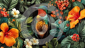 A colorful bird sitting on a tropical plant surrounded by flowers, AI