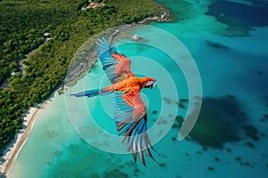 Colorful bird soaring over crystal clear waters and sandy