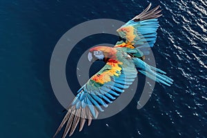 Colorful bird soaring over crystal clear waters and sandy