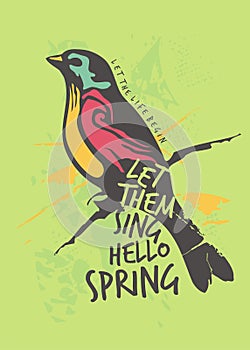 Colorful bird spring poster or tee shirt design