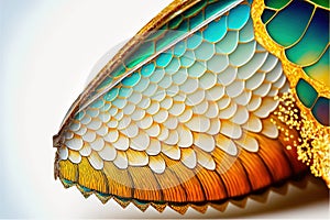 a colorful bird wing with a white background and gold accents on it\'s wings and tail, with a white background and a blue