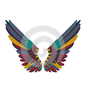 Colorful bird wings spread in flight. Vibrant feathers of red, yellow, green, and blue. Mythical wingspan design vector
