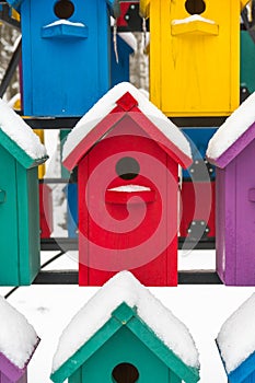 Colorful birdhouses for the birds in snow.