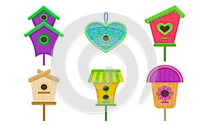 Colorful Birdhouses Vector Illustrated Set. Nesting Boxes For Birds