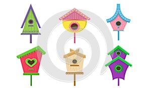 Colorful Birdhouses Vector Illustrated Set. Nesting Boxes For Birds