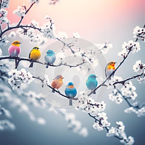 Colorful birds on the branch of blooming apricot tree, beautiful winter morning wallpaper, generative ai