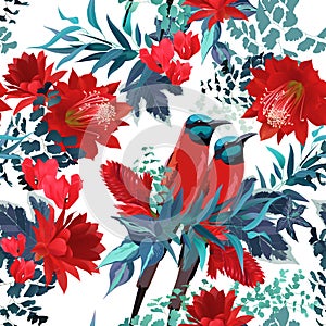 Colorful birds and exotic flowers