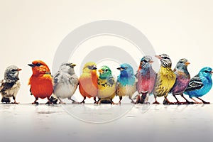 Colorful birds sitting on a wire isolated on a white background. generative ai