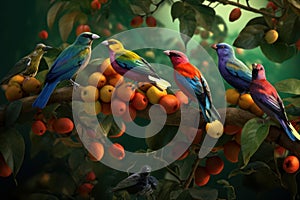 Colorful birds tree nature. Generate Ai