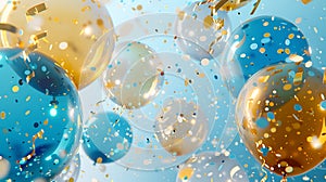 Colorful Birthday Balloons in Blue Sky With Confetti, Festive Celebration Background